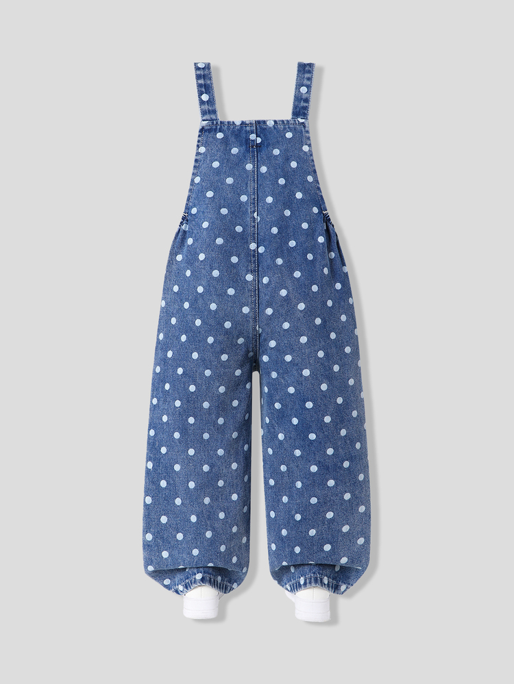 SHEIN Genkimix Kids Baby Girl Autumn Polka Dot Denim Overalls, Vintage Polka Dot Print With Large Bow Front, Loose Wide Leg Fit, Casual Long Pants For School And Outings - Medium Wash - View 2