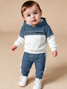 Young Boys Casual Minimalist Loose Fit Sports Hoodie & Pants 2 Pieces Set, Long Sleeve, Suitable For Autumn/Winter, Classic Retro Color Block Graphic Print, Classic Text Logo Print, Suitable For Sports - Multicolor - View 2