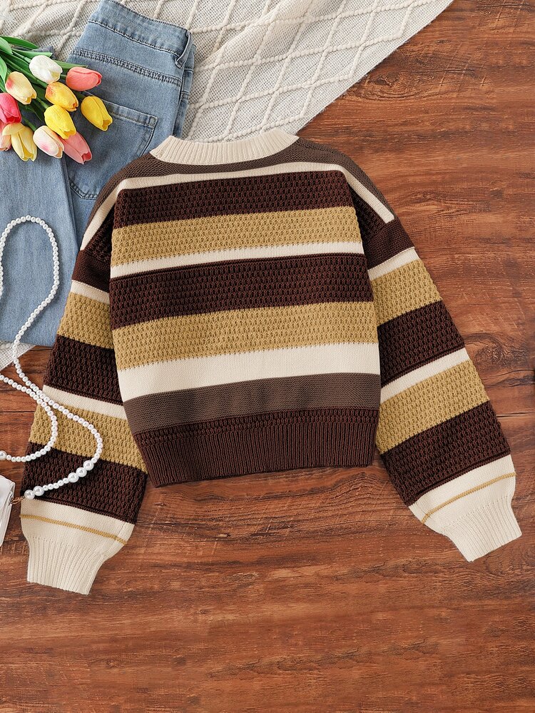 SHEIN Slouchy Colorful Striped Sweater, New Autumn/Winter Knit Top For Teen Girl, Korean Fashion, Elegant And Stylish - Coffee Brown - View 2