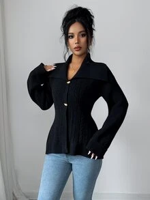 Elenzga Women's Autumn/Winter Elegant Sexy Oversized Collar Waist-Cinching Knit Cardigan - Black - View 3