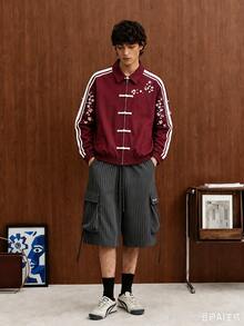 Manfinity Hypemode Men's Japanese-Chinese Style Sports Jacket, Japanese Cherry Blossom Chinese Frog Button Striped, Oriental Charm, Streetwear, Daily Commute - Burgundy - View 7
