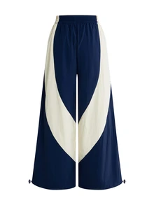 ROMWE Street Life Women's Outdoor Sports Nylon Colorblock Patchwork Low Waist Wide Leg Long Pants - Navy Blue - View 2