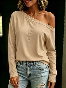 LUMIGAL White Pure Cotton Asymmetrical Shoulder Casual Versatile Women's Long Sleeve T-Shirt - Khaki - View 3