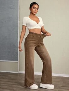 Flexra Fall Casual High Waist Straight Leg Tummy Control Stretchy Brown Denim Gym Daily Wear Plus Size Jeans For Women - Brown - View 6