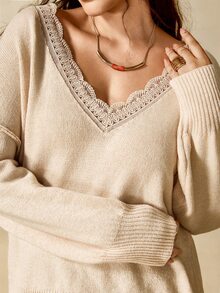 Nubod Lace V-Neck Soft Apricot Knitted Sweater - Apricot - View 1
