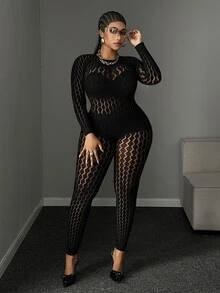 Maweii Women's Plus Size Sexy Hollow Out Long Sleeve Jumpsuit - Black - View 3