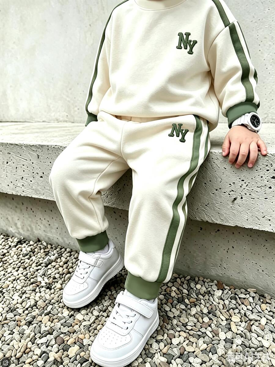 NY字母印花嬰兒2件套,男孩休閒對比色織帶圓領衛衣與慢跑褲套裝,帥氣小男孩外出穿搭,簡約復古風,兒童日常街頭時尚套裝,輕鬆打造酷小孩造型,俐落時尚版型,百搭經典,實用易搭配,適合多種場合 - 彩色 - 查看 1