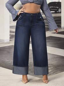 Slaydiva Cowgirl Outfit Plus Size Women's Blue Non-Stretch Cuffed Straight Leg Jeans - Dark Wash - View 4
