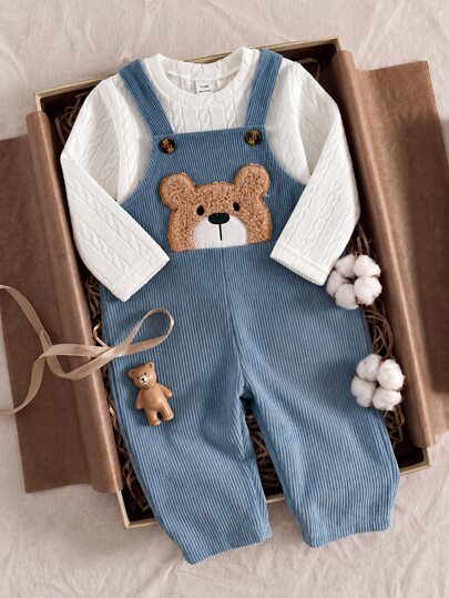 Souflis Souflis 2pcs Toddler Baby Boys Shirt Overalls Cute Sweet White Baby Blue Fuzzy Bear Patch Cable Corduroy Long Sleeve Round Neck Regular Fall Autumn Pullover