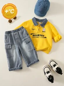 SHEIN 2pcs Baby Boy Autumn/Winter Letter Print Contrast Color Shirt Collar Long Sleeve Pullover Sweatshirt & Denim Jeans Two Pieces Set, Yellow Sweatshirt Racing Outfit, Sweatshirt Set, Denim Set - Multicolor - View 1