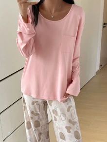 DAZY Women's Solid Color Long Sleeve Pocket Top And Pants Pajama Set - Pink - View 1
