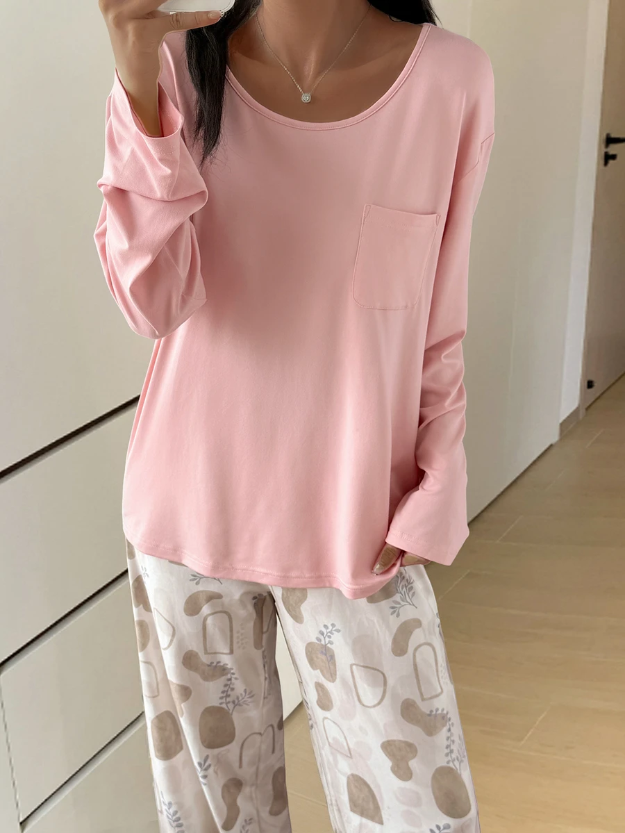 DAZY Women's Solid Color Long Sleeve Pocket Top And Pants Pajama Set - Pink - View 1