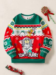 TOM & JERRY X SHEIN Sweatshirt Kasual Lengan Panjang Leher Bulat Bergambar Kartun untuk Anak Laki-Laki Remaja - MultiWarna - View 1