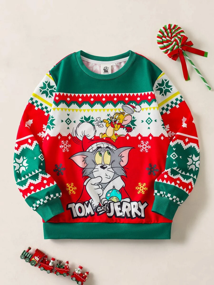 TOM & JERRY X SHEIN Sweatshirt Kasual Lengan Panjang Leher Bulat Bergambar Kartun untuk Anak Laki-Laki Remaja - MultiWarna - View 1