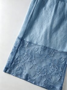 EMERY ROSE 白色彈性腰直筒蕾絲拼接女款休閒長褲 - 天藍色 - 查看 3
