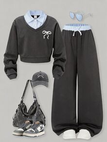 SHEIN 2件組 秋冬青少年女孩 Romweezy 寬鬆休閒設計拼色 2合1 翻領襯衫風 V領短版衛衣與寬鬆休閒寬腿拼色拼接褲套裝，適合日常穿著、通勤、休閒、度假、姊妹聚會、街頭風 - 灰色 - 查看 1