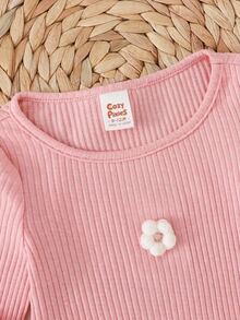 Cozy Pixies Baby Girl Knit Solid Color 3D Floral Round Neck Casual T-Shirt Top - Beige - View 3