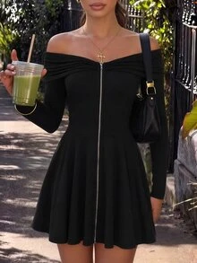 valorelle valorelle Women's Autumn Black Versatile Fashion Zipper Cold Shoulder Long Sleeve Short Dress - Black - View 1