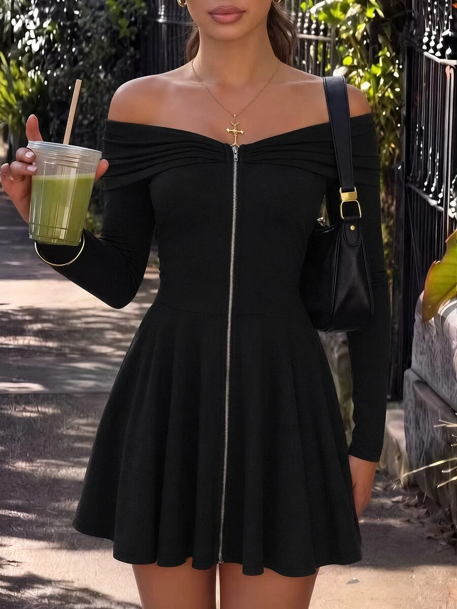 valorelle valorelle Women's Autumn Black Versatile Fashion Zipper Cold Shoulder Long Sleeve Short Dress - Black - View 1