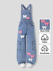 SHEIN ChillGRL Tween Girls Denim Overalls & Jumpsuits New All-Season Blue Distressed Ripped Washed Adjustable Shoulder Strap Bow Towel Embroidery White & Pink Butterfly Pattern Straight Leg Casual Vacation Style Bottoms - Medium Wash - View 4