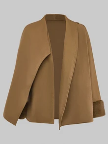 SHEIN Franclia Mantel Panjang Elegan Wanita Warna Polos dengan Manset Bulu dan Plaket Asimetris - Coklat - View 4