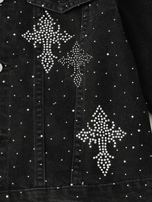 Tween Boy Shining Sequined Cross Pattern Black Denim Loose And Comfortable Long-Sleeved Jacket - Black - View 7
