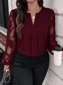 Reflora Plus Size Elegant Cutout V-Neck Business Blouse - Burgundy - View 1