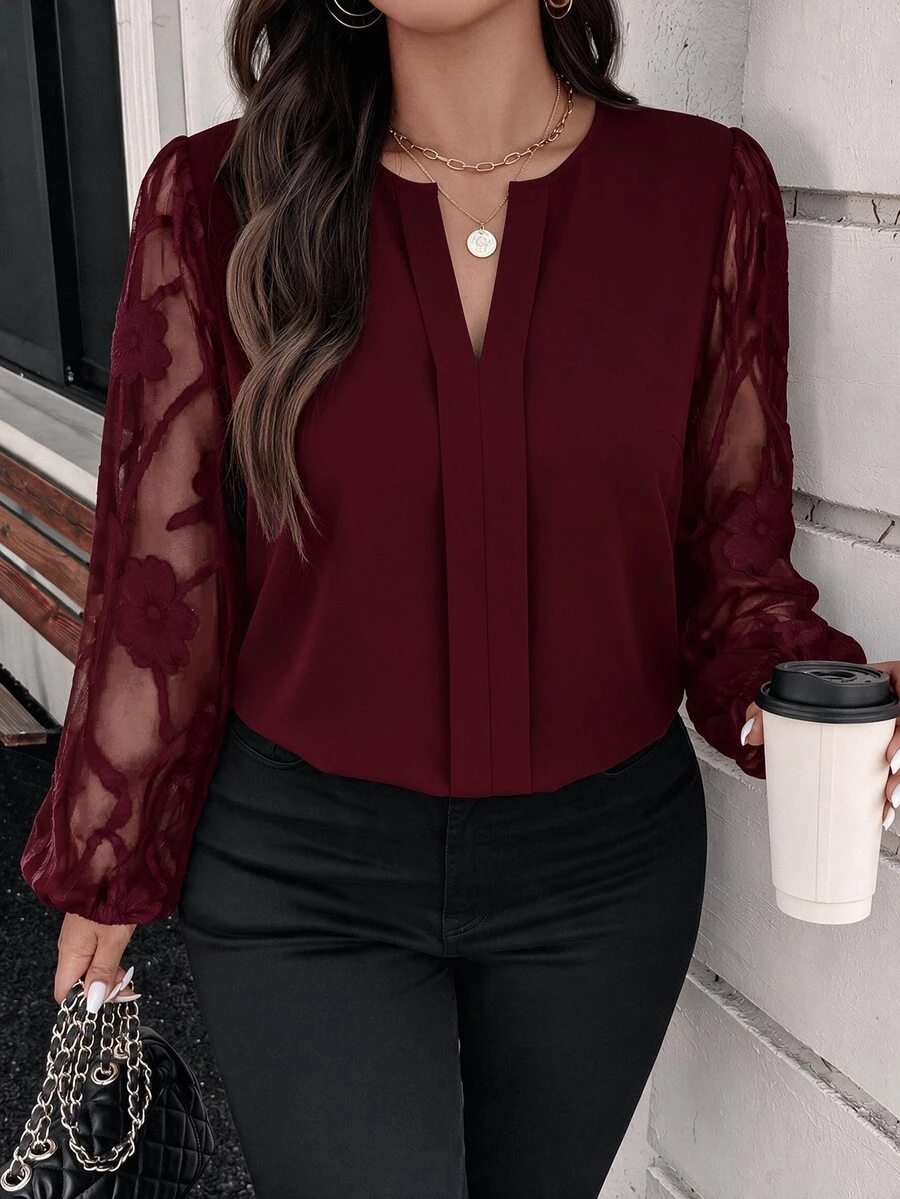 Reflora Plus Size Elegant Cutout V-Neck Business Blouse - Burgundy - View 1