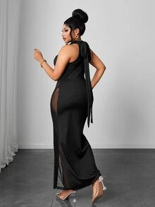 Maweii Plus Size Goddess Sexy Black High Neck Halter Neck Tie-Up Fitted Long Dress With Sheer Mesh, Rhinestone Decor, Draped Ribbon, Side Patchwork Semi-Sheer Mesh Design For Cocktail Party, Birthday, Ball, Nightclub, Evening Banquet - Black - View 2