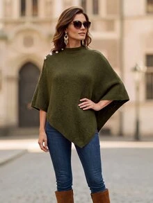 EMERY ROSE Sweater Wanita Model Poncho Lengan Kelelawar Kerah Tinggi dengan Detail Kancing Bahu, Pullover Rajut Longgar untuk Musim Gugur dan Musim Dingin - Hijau - View 1