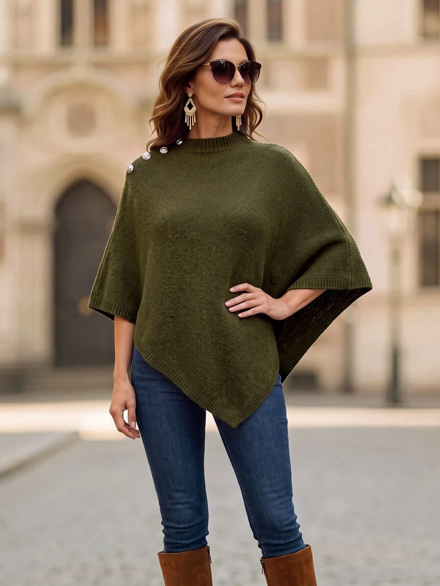EMERY ROSE Sweater Wanita Model Poncho Lengan Kelelawar Kerah Tinggi dengan Detail Kancing Bahu, Pullover Rajut Longgar untuk Musim Gugur dan Musim Dingin - Hijau - View 1