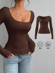 SHEIN BASICS 女款休閒針織修身長袖圓領基本款T恤冬季女裝 - 棕色 - 查看 1