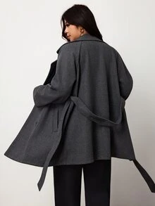 Enliva Plus Size Women's Belted Trench Coat Double Breasted Notched Lapel Mid Length Outerwear Flattering Compatible With Apple Shape Rounded Body - Dark Grey - View 2