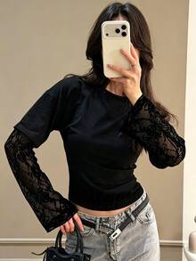 INAWLY Solva Women's Autumn Winter Basic Crew Neck 2 In 1 Lace Splicing Long Sleeve Cropped Top, Solid Co - Black - View 4