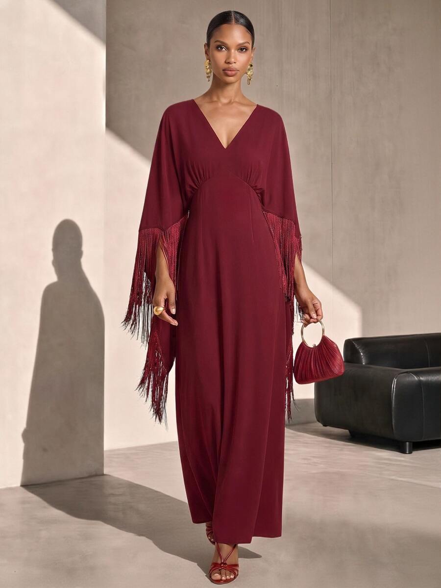 Vesra Wine Red Cape Sleeve 2 In 1 Tassel Patchwork Elegant Women's Long Dress - Burgundy - View 1