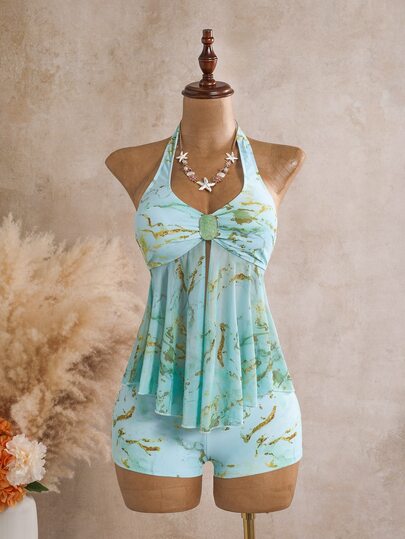 Bellisia Women's Summer Beach 2 Pieces Bikini Set, Marble Print Water Green Camisole Top With Tie Straps And Hipster Shorts, Swimwear