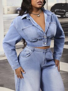 Slaydiva Plus Size Women's Outdoor All-Season Short Blue Denim Top - Medium Wash - View 3