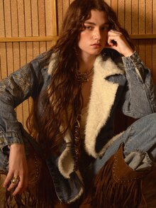 MOTF STUDIO WOMEN'S AUTUMN/WINTER VINTAGE DENIM & FLEECE PATCHWORK EMBROIDERED JACKET - Medium Wash - View 1