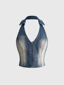 ROMWE Hippie Women's Denim Foil Print Halter Top - Multicolor - View 1