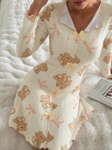 CottageSlumber Cartoon All-Over Print Bear Nightgown, Collared Bow Frill Trim Long Sleeve Loungewear Maxi Dress - Beige - View 3