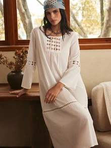 Lullawish Women's Bohemian Hollow Embroidery Lace Patchwork Comfortable Loose White Pure Cotton Nightgown - White - View 4