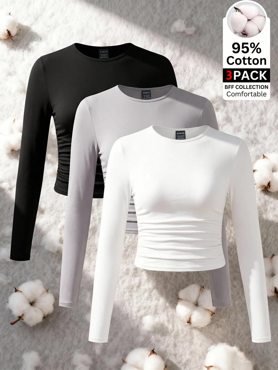 SHEIN EZwear 3 قطع تي شيرت نسائي بلون موحد وياقة دائرية - متعدد الألوان - مشاهدة 1