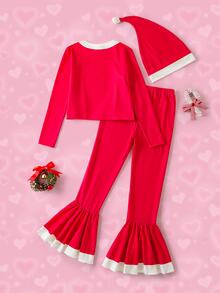 THE POWERPUFF GIRLS X SHEIN Tween Girl Crew Neck Long Sleeve Top And Flare Pants Loungewear - Red and White - View 2