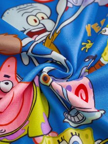 SpongeBob SquarePants | SHEIN 小男孩卡通印花短袖上衣與短褲居家服套裝 - 藍色 - 查看 7