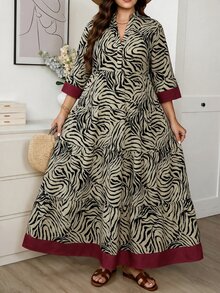 Comfylo Plus Size Women's Colorblock Notch V-Neck Casual Party Dress - Multicolor - View 3