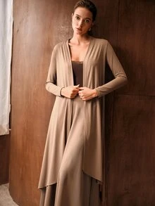 MOTF PREMIUM WOMEN'S CASUAL COMMUTE SHAWL & KNIT SKIRT 2 PIECES SET - Khaki - View 6