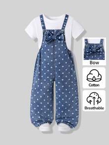 SHEIN Genkimix Kids 女嬰秋季波點牛仔吊帶褲，復古波點印花配大蝴蝶結前襟，寬鬆大腿褲管，休閒長褲，適合上學與外出 - 中等水洗藍 - 查看 5