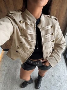 Muchica Plus Size Women Solid Color Casual Versatile Daily Long Sleeve Jacket Fall - Khaki - View 8