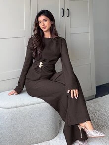Veilorie Women's Solid Color Metal Decor Long Sleeve Top And Pants Arabic Clothing Set - Coffee Brown - View 7