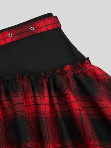 Sweetra Plus Size Autumn/Winter Vintage Plaid Patchwork Mesh Asymmetrical Hem Skirt - Multicolor - View 8